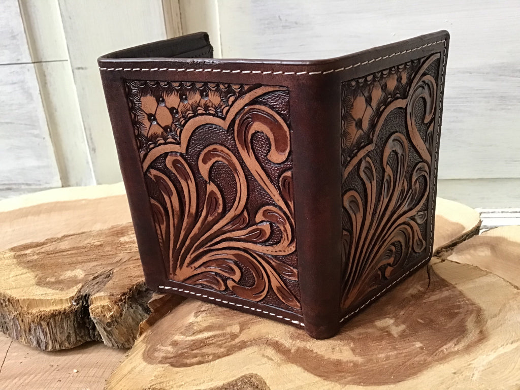 Tooled Leather Tri Fold Wallet