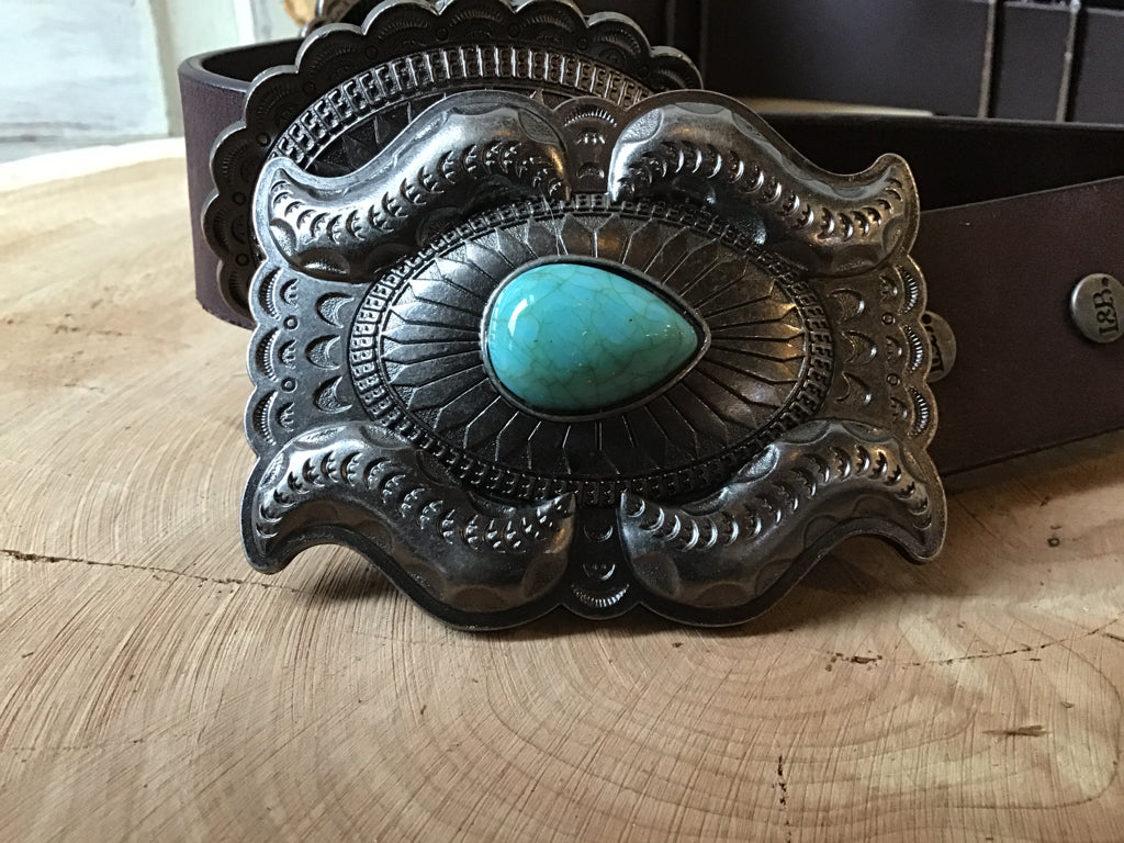 Silver and Turquoise Concho Leather  Belt