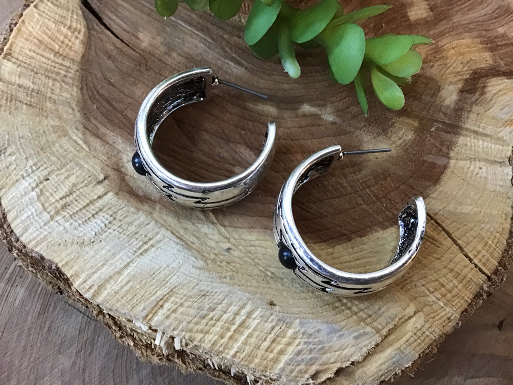 Silver Engraved Black Stone Hoop Earrings