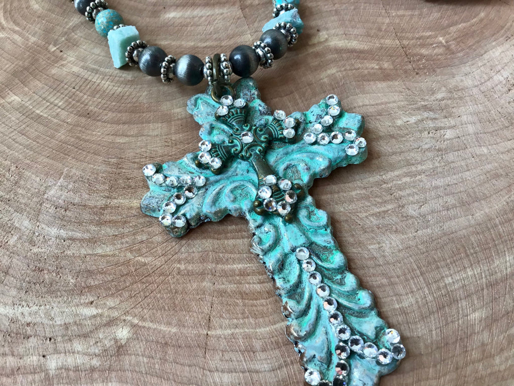 Handmade Patina Beaded Cross Necklace