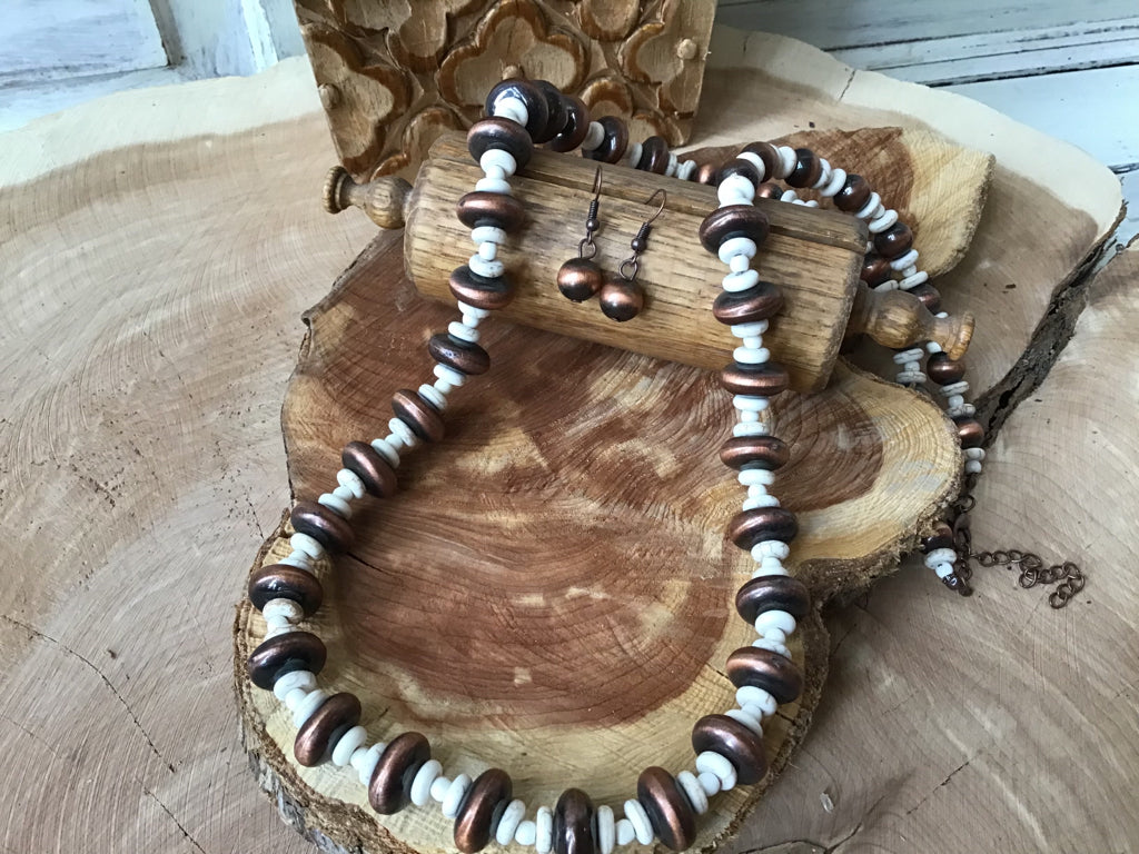 White Buffalo & Copper Navajo Style Pearl Necklace Set