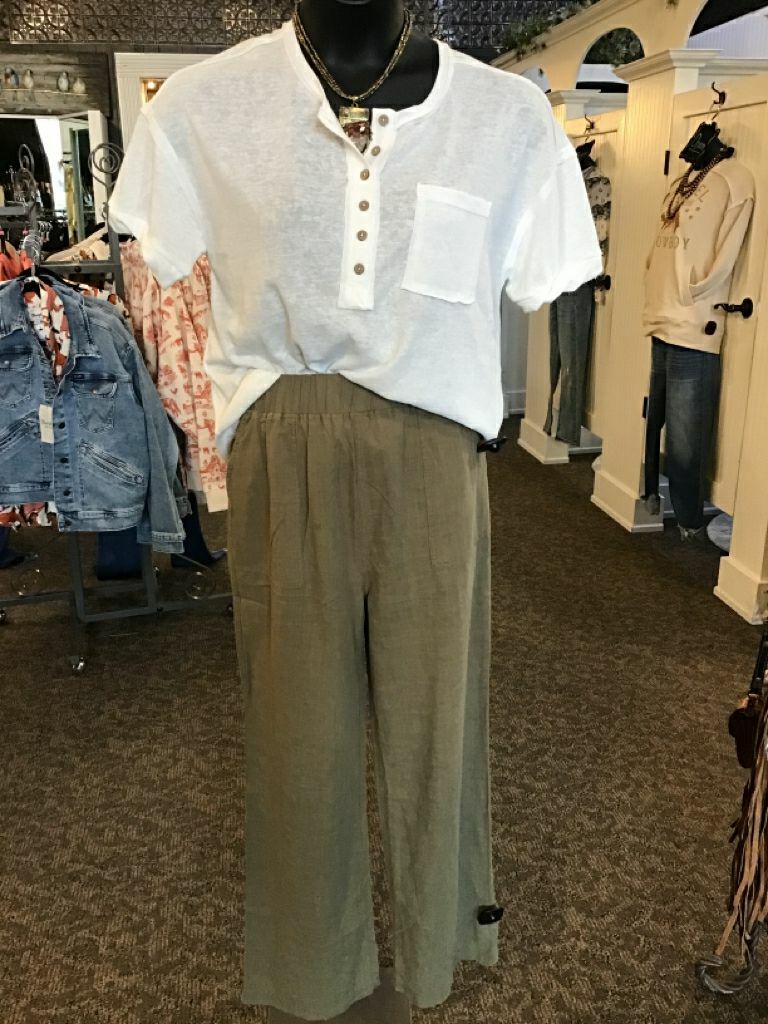 Olive Cotton Linen Wide Leg Pant - Small to 3X