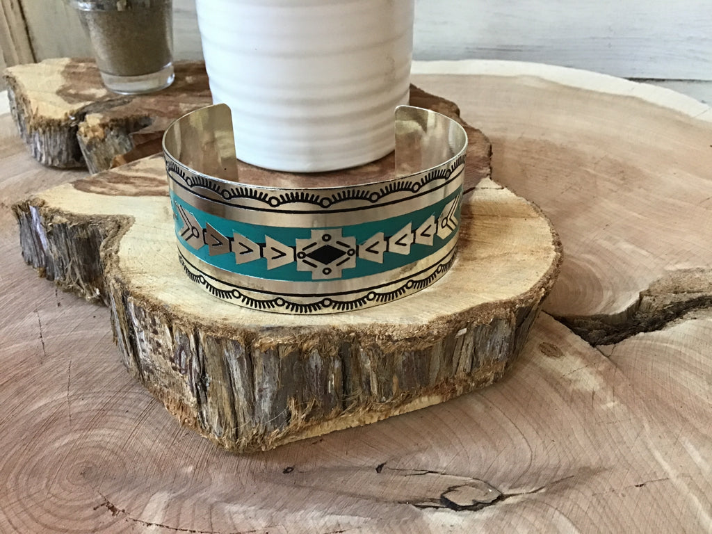 Etched Silver & Turquoise Cuff Bracelet