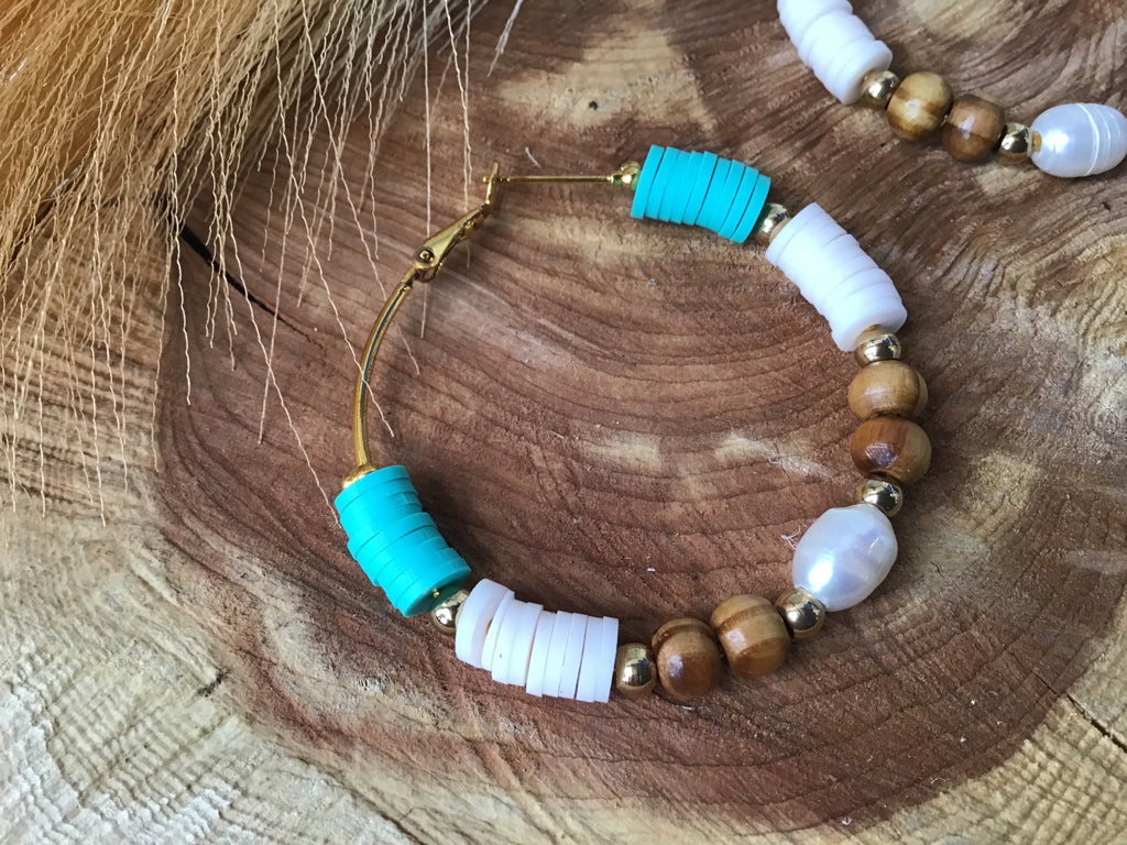 Handmade Turquoise, Pearl & Wood Earrings