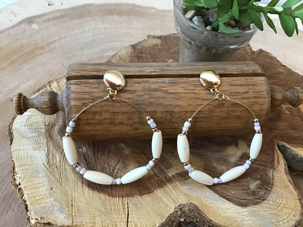 Ivory & Gold Wood Hoop Earrings