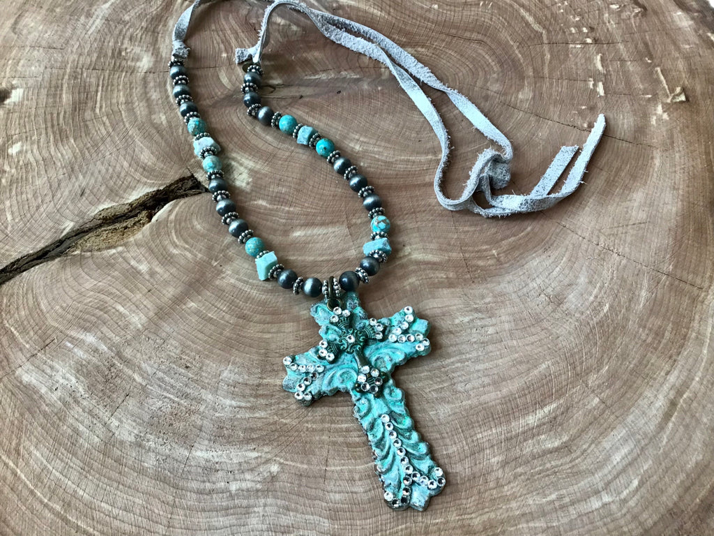 Handmade Patina Beaded Cross Necklace