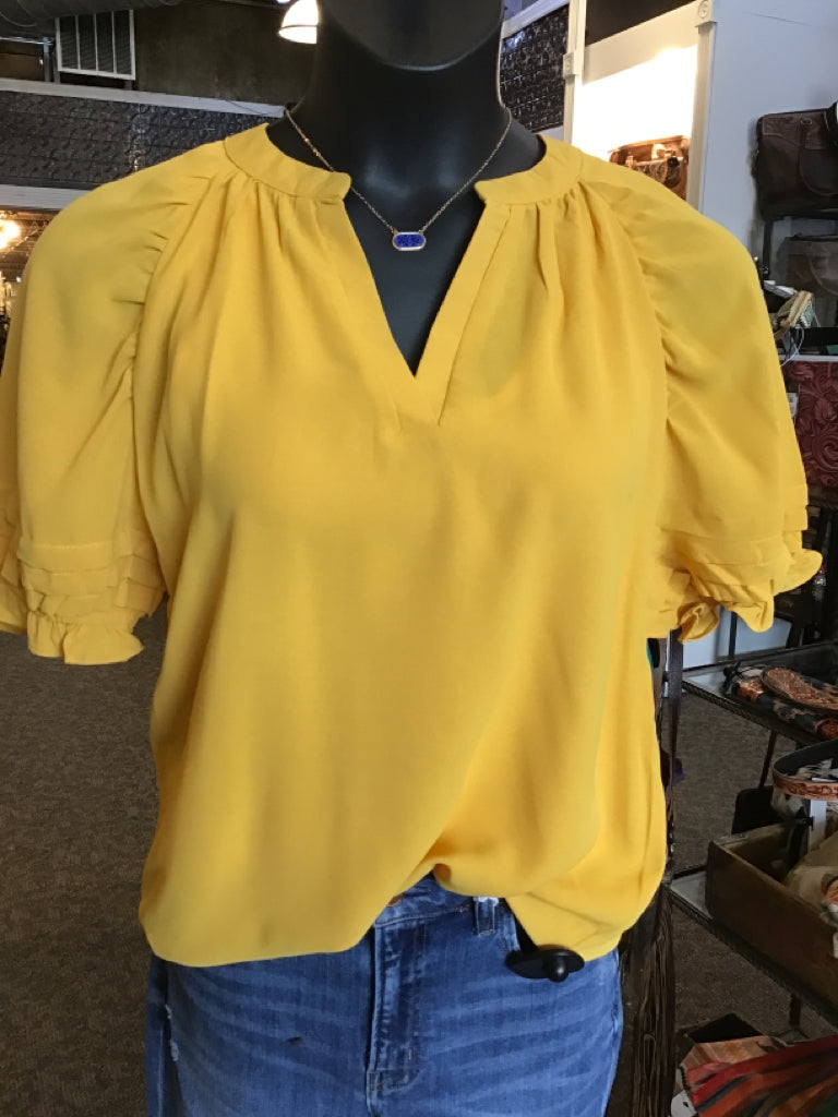 Gold V Neck Balloon Sleeve Shirt - S to XL