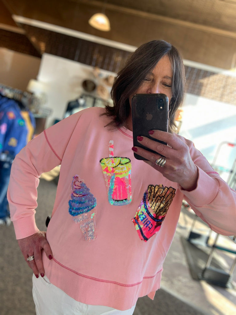 Sequined Ice Cream & Fries Pink Sweatshirt - Small to 3X
