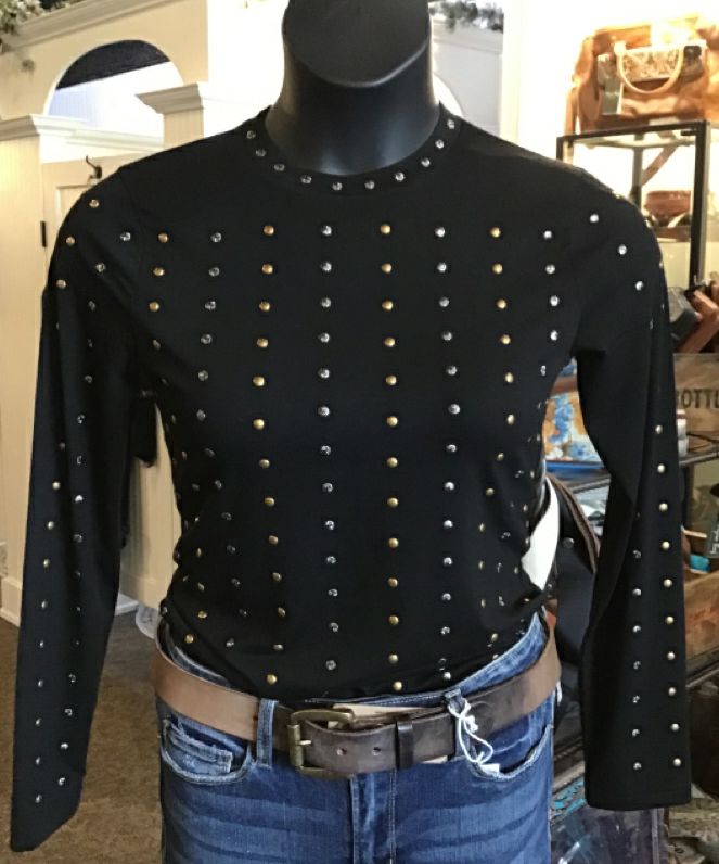 Studded Black Long Sleeve T Shirt - XS to 3X