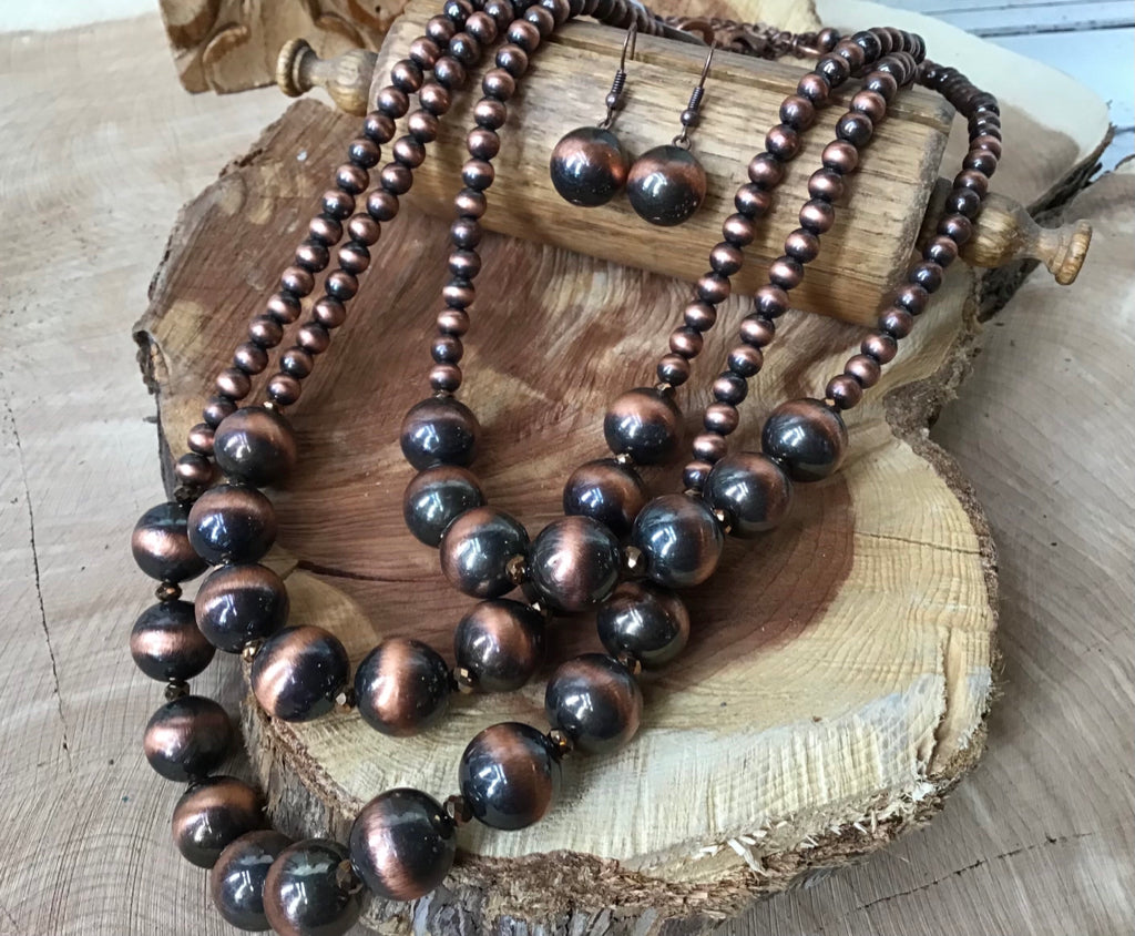 Copper Triple Strand Navajo Style Pearl Necklace Set