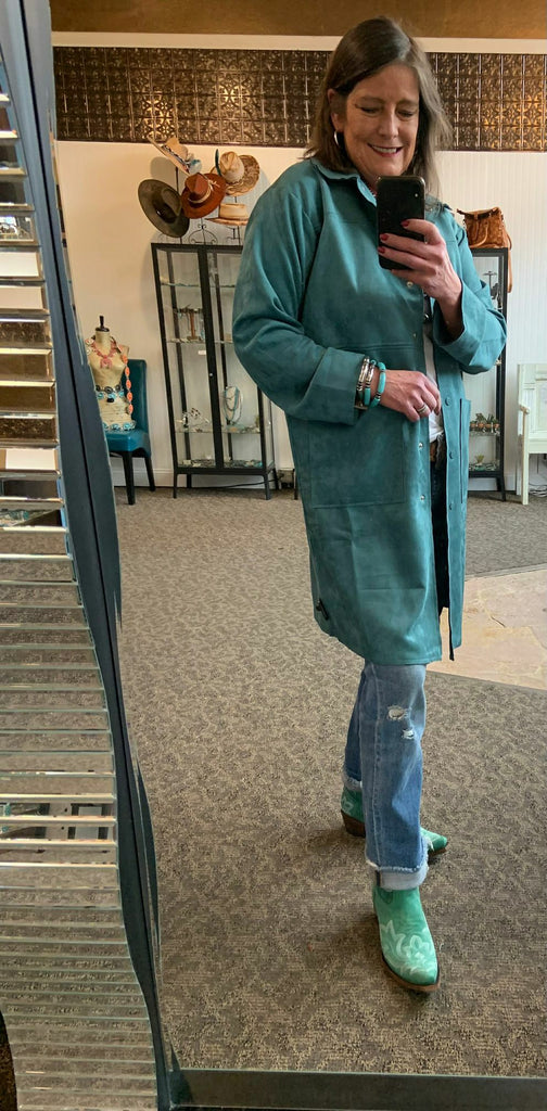Teal Faux Suede Snap Front Coat - Small to 3X
