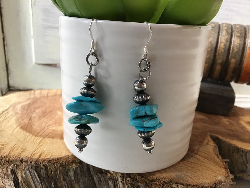 Handmade 5 mm Authentic Navajo  & Turquoise Stacked Earrings