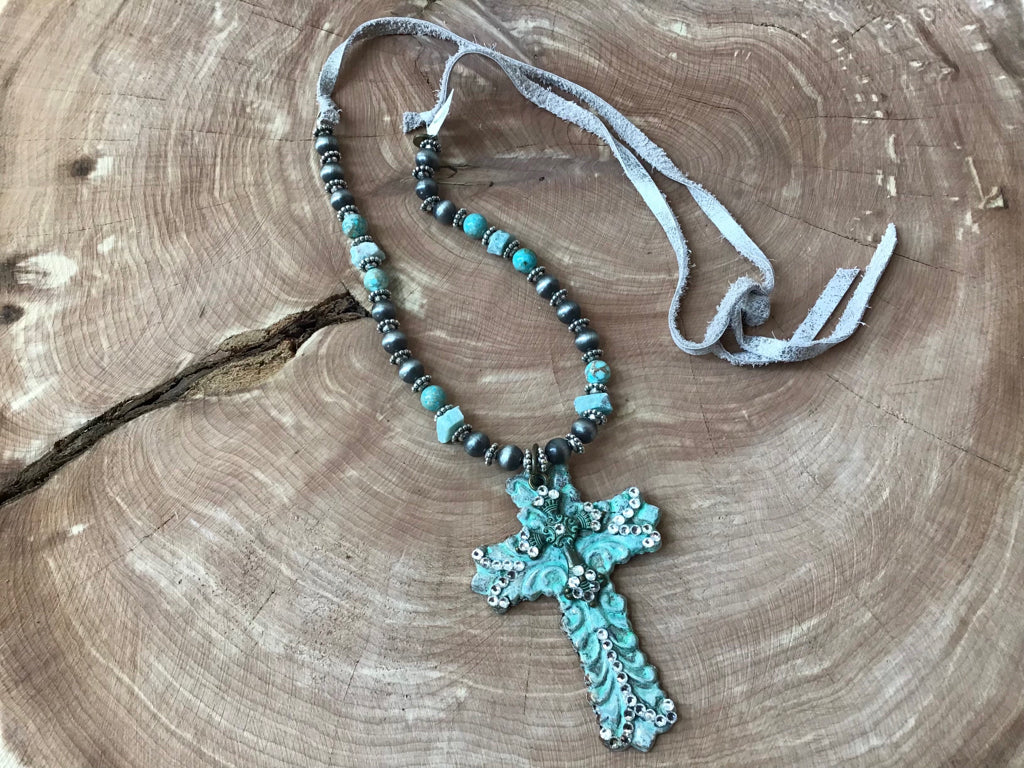 Handmade Patina Beaded Cross Necklace