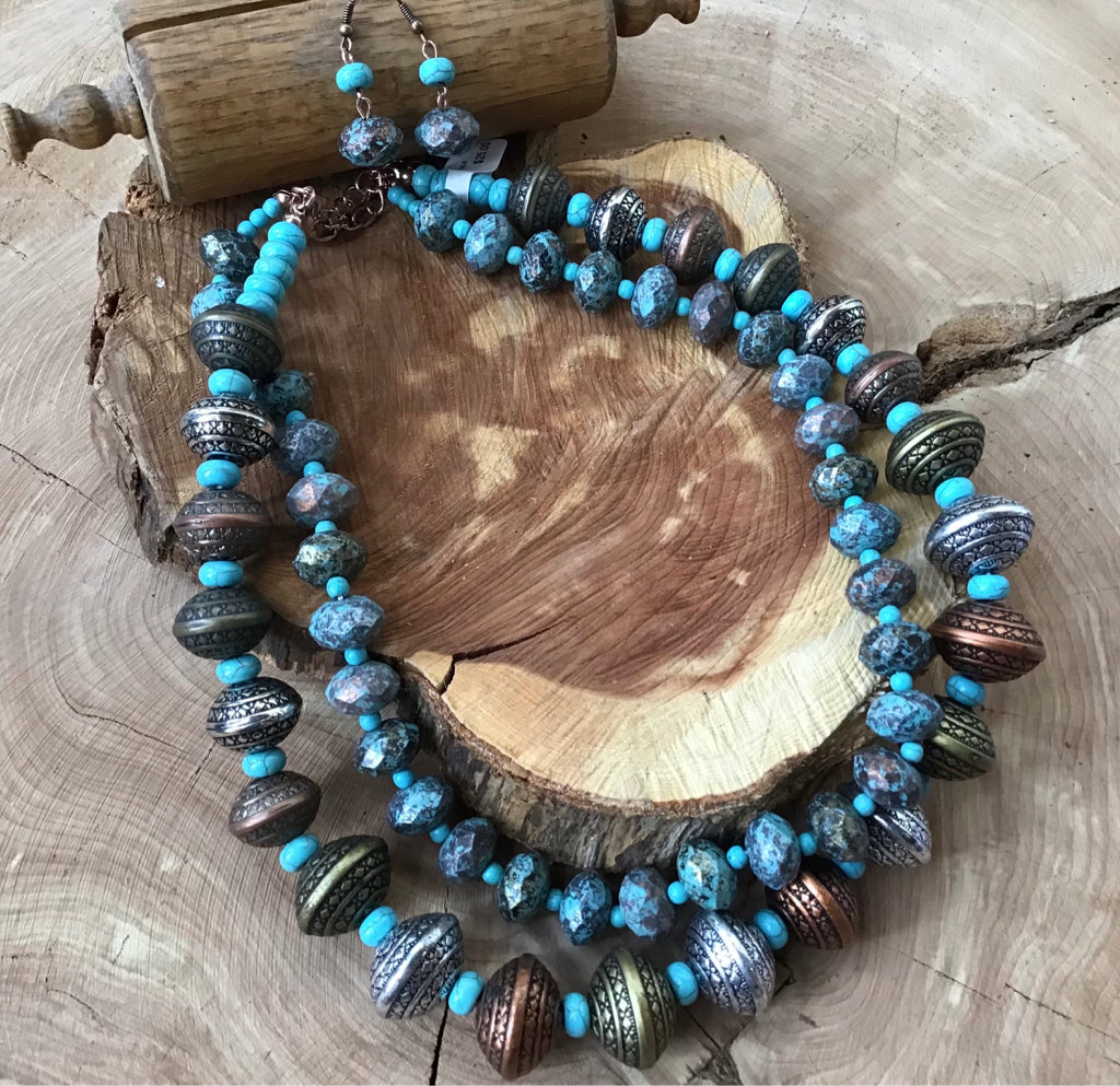 Copper, Turquoise, Brass & Silver Double Strand Necklace