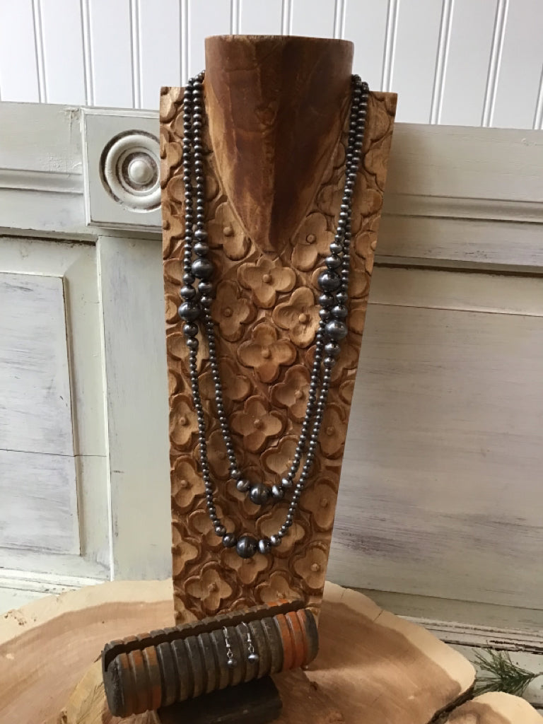 Silver Navajo Style Pearl Layered Necklace Set