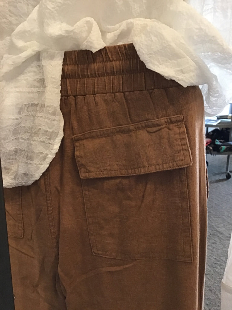 Camel Linen Blend Wide Leg Cargo Pants - S to XL