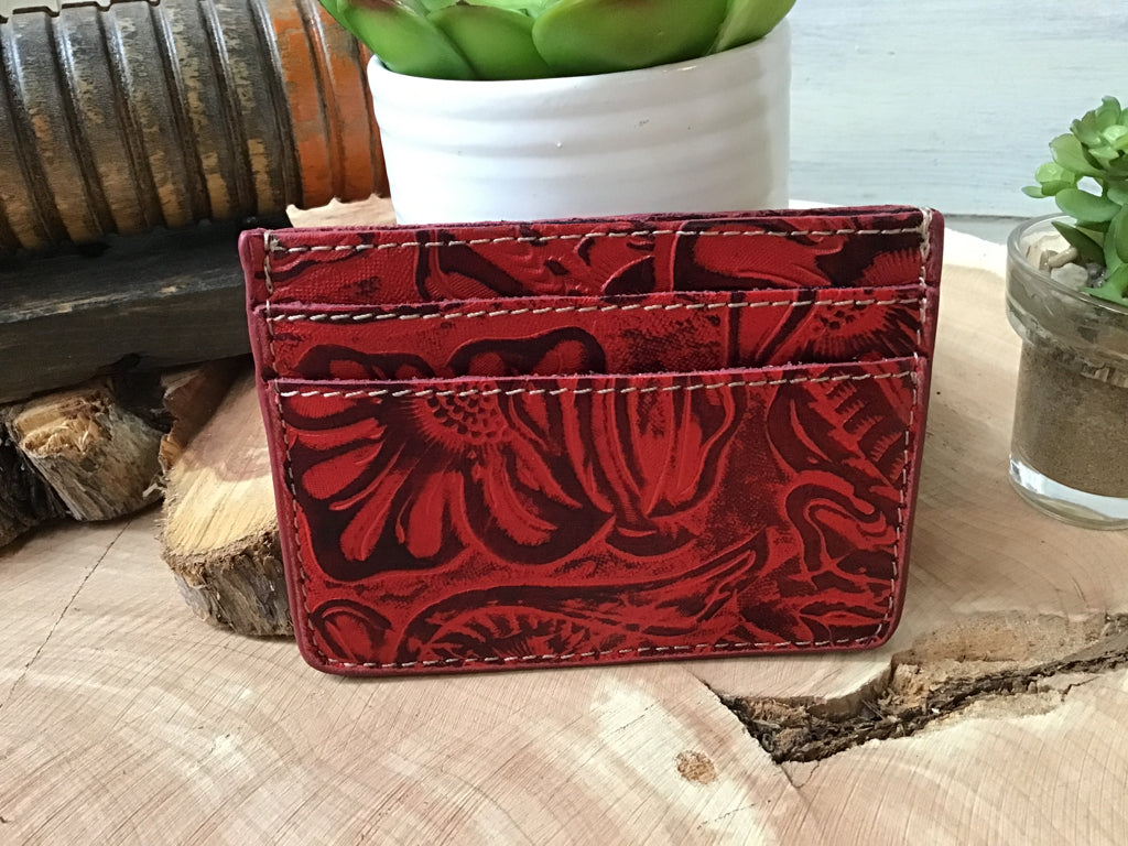 Myra Tooled Red Leather Card Holder Wallet