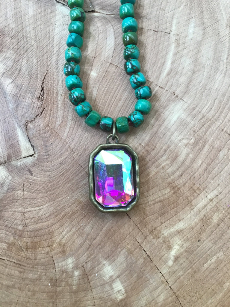 Green Turquoise Crystal Pendant 36" Necklace