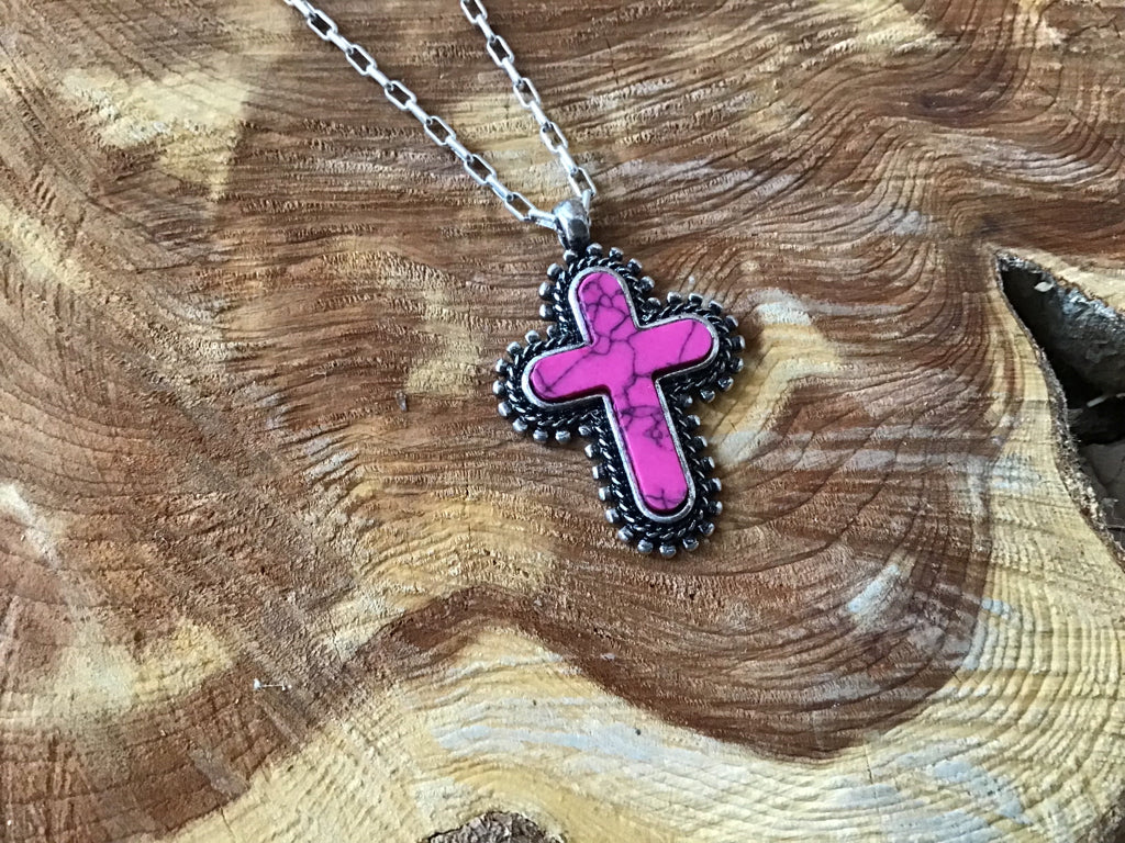 Pink Stone Cross Pendant Necklace