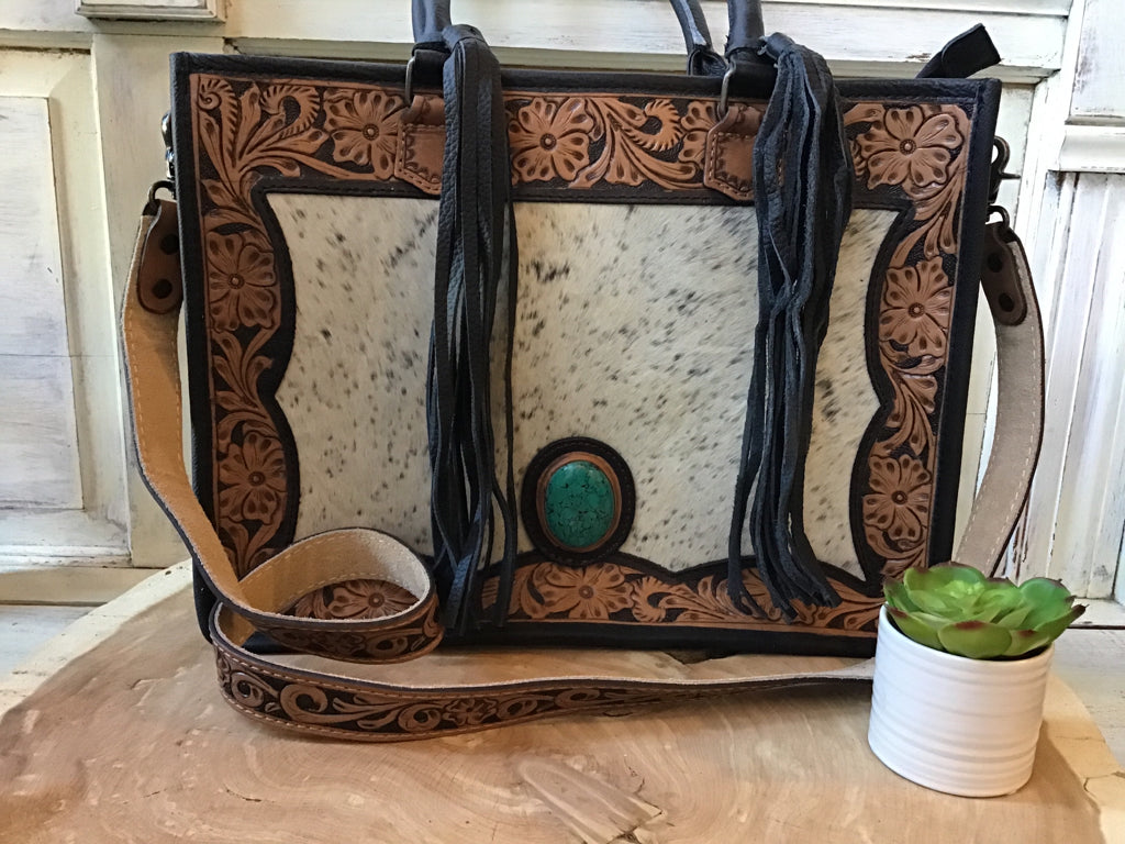 Cowhide Tooled Leather Fringe Briefcase Tote