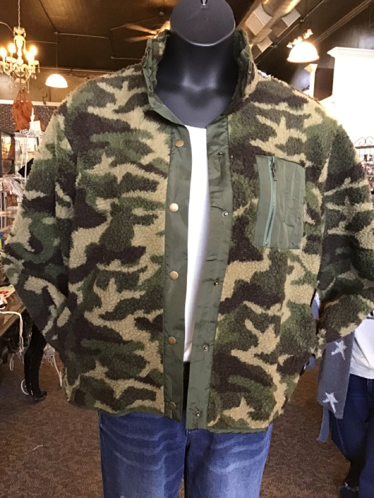 Camo Fleece Snap Front Coat