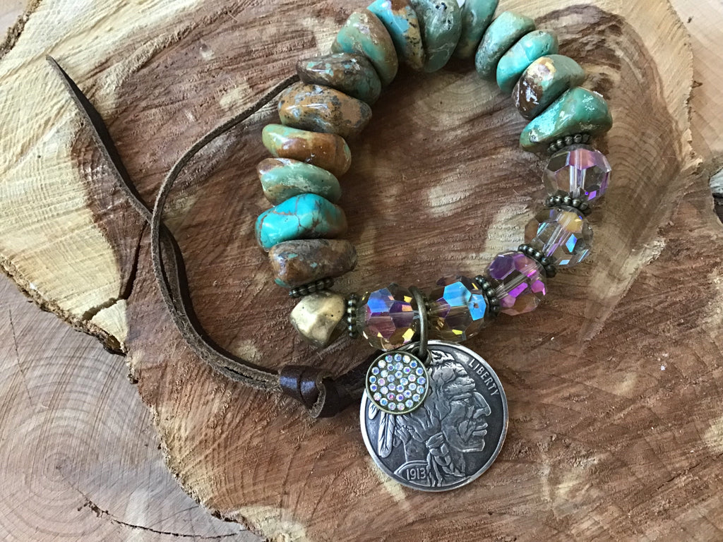 Handmade Buffalo Nickle & Turquoise Stretch Bracelet