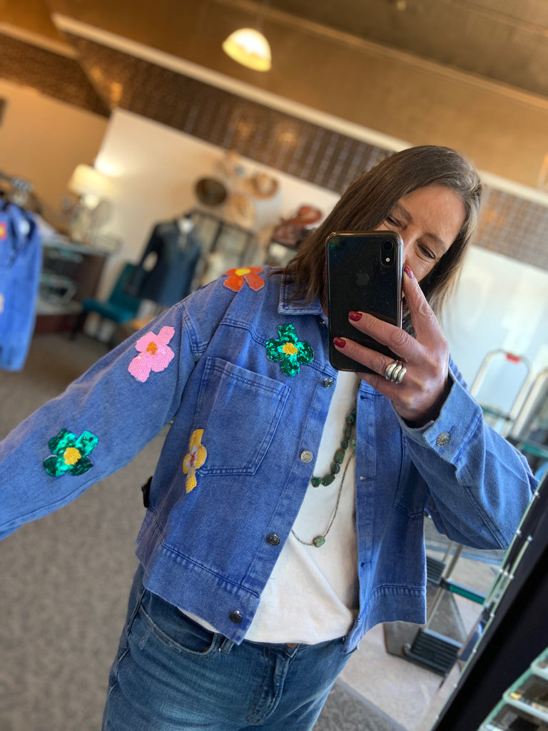 Sequined Flowers Denim Coat - Small to 3X