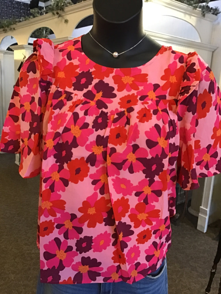 Pink Floral Ruffle Sleeve Blouse - SML