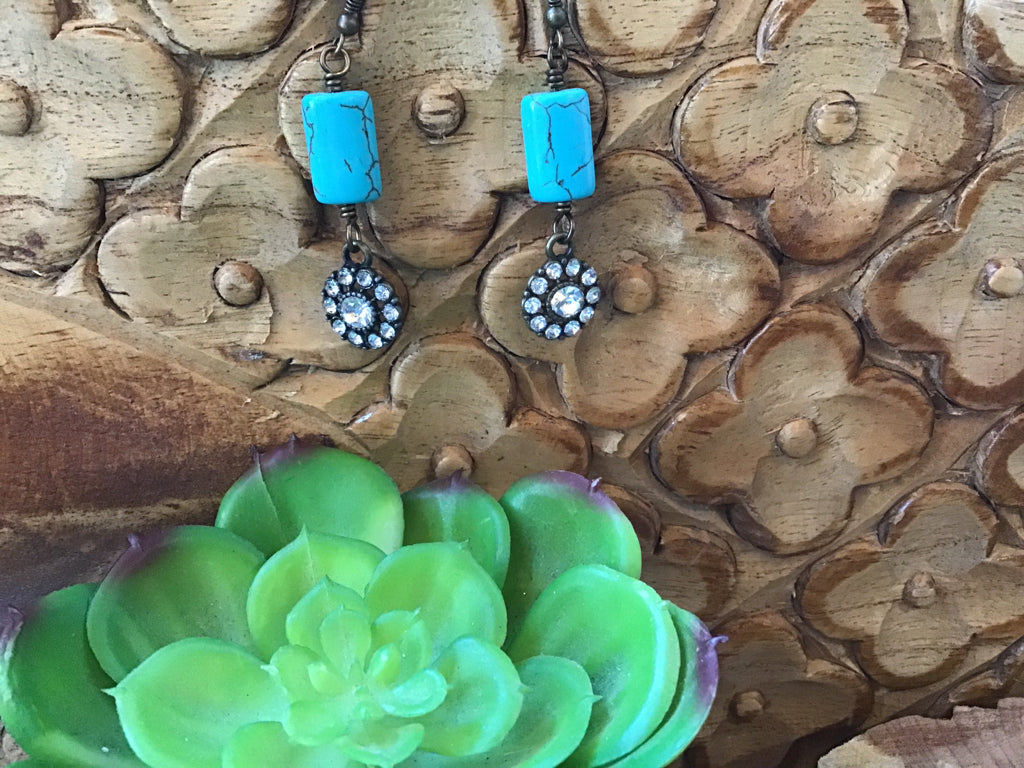 Turquoise Rectangle Crystal Flower Earrings