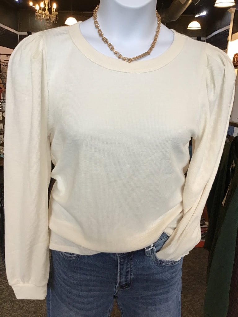 Ivory Puff Sleeves Thermal Crew Neck  Shirt - S to XL