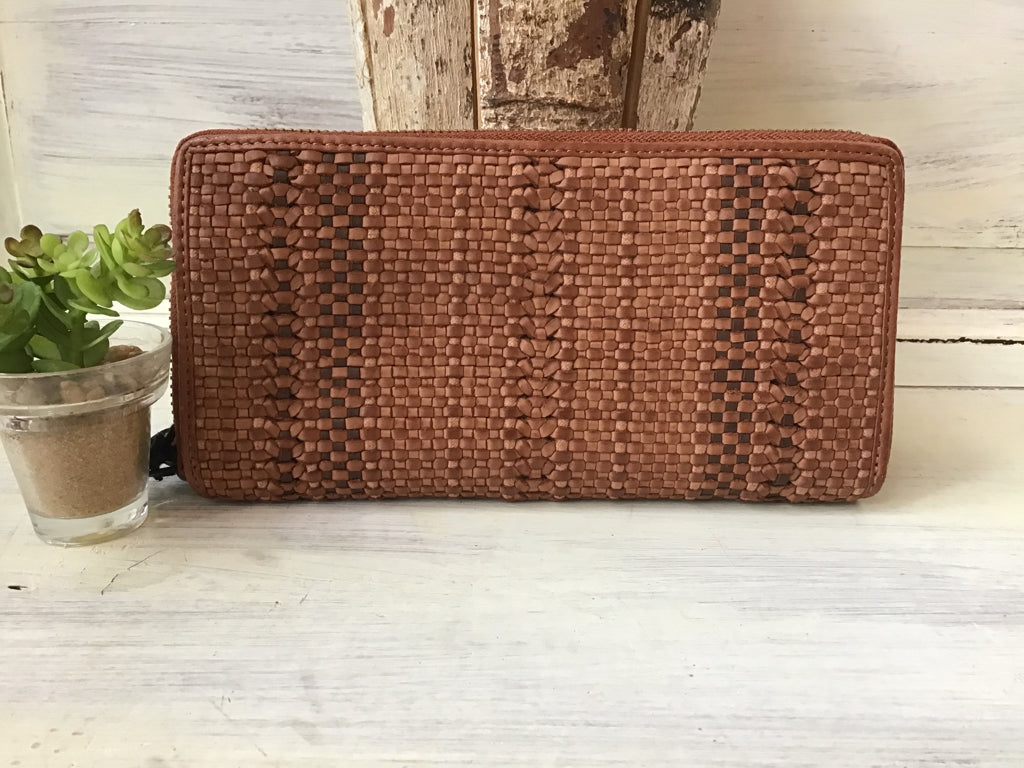 Woven Leather Zip Around Leather Wallet