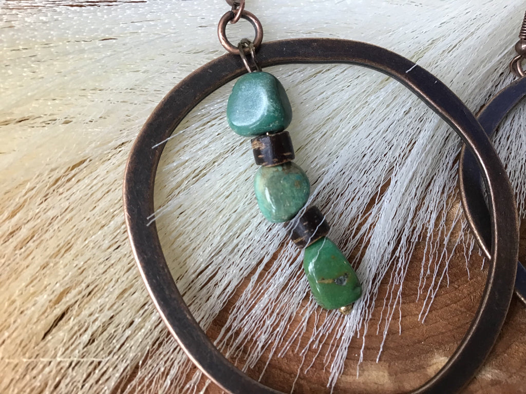 Handmade Copper, Turquoise & Wood Hoop Earrings
