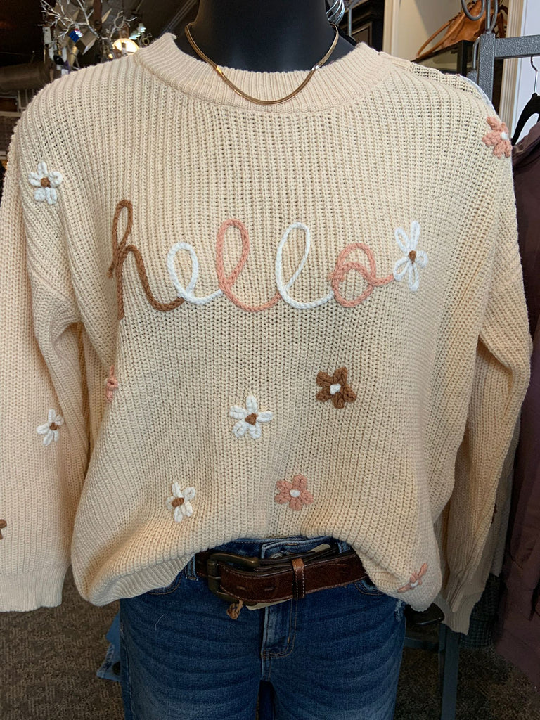Hello Flower Embroidered Graphic Sweater - S/M to 2X/3X