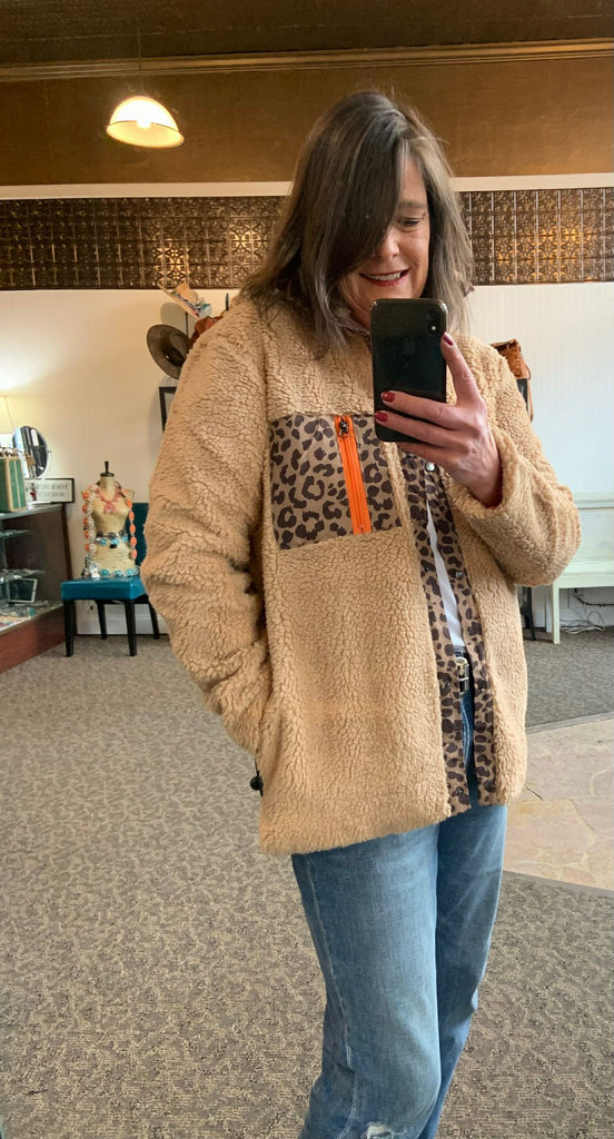 Sherpa Leopard Zip Front Coat - Small to 3X