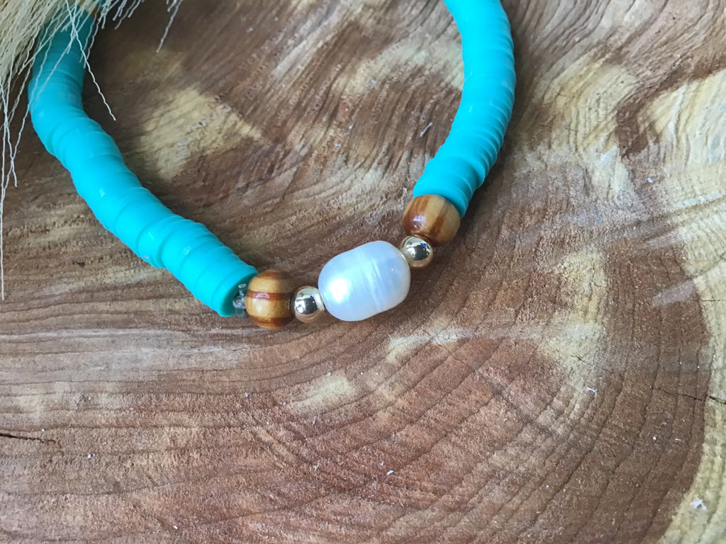 Handmade Turquoise & Freshwater Pearl Stretch Bracelet