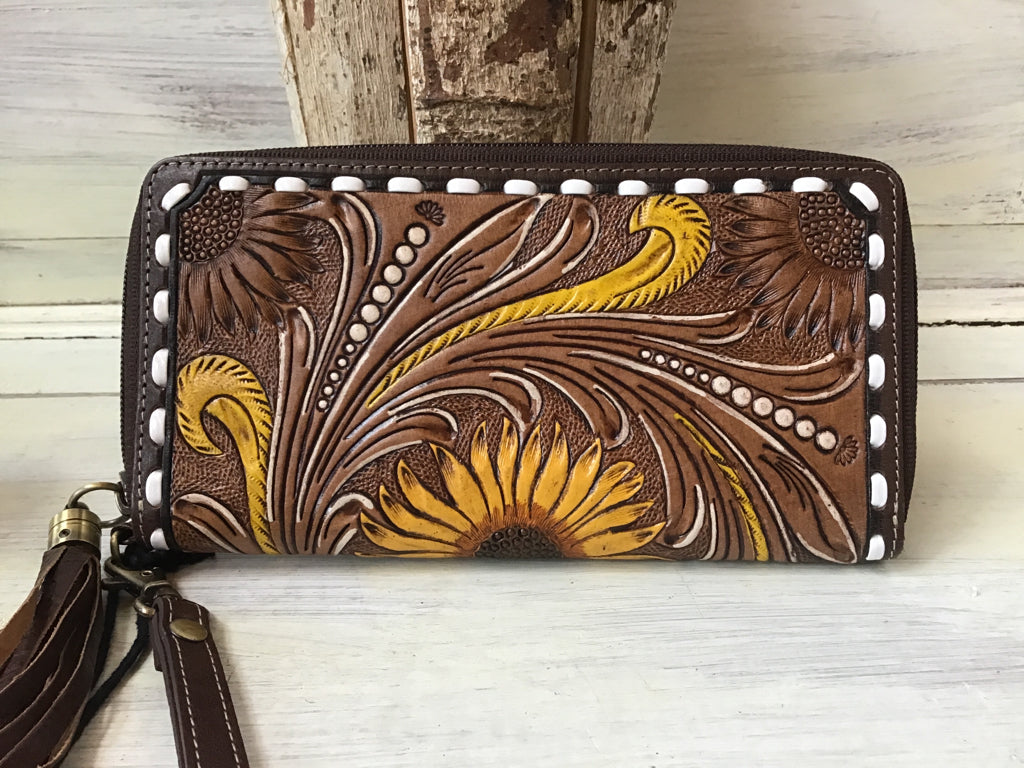 Tooled Leather Sunflower Wallet Wristlet