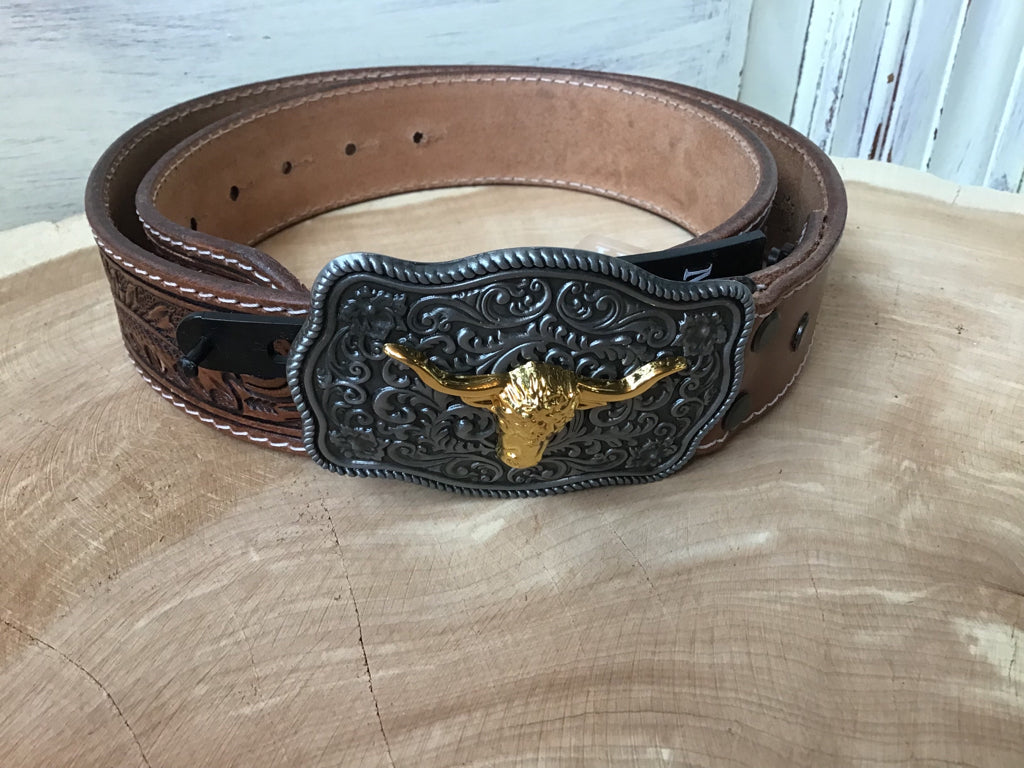 Brown Hand Tooled Leather Belt