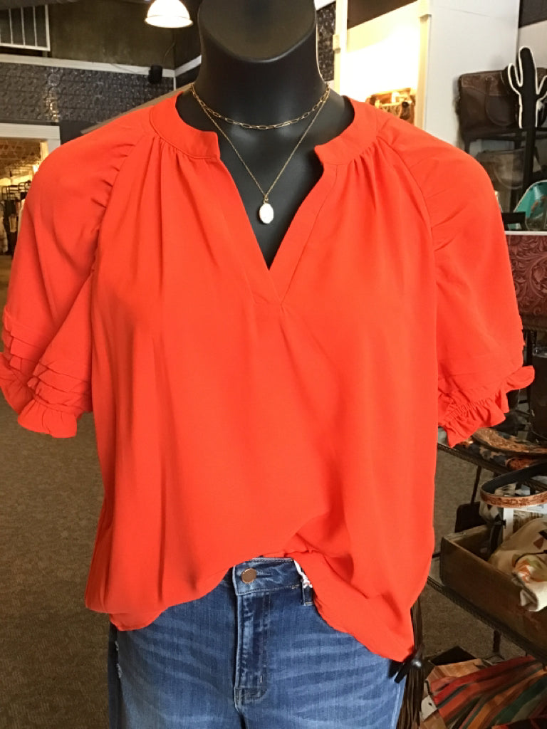 Orange V Neck Balloon Sleeve Shirt - S to XL