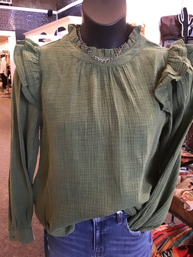 Olive Cotton Mineral Wash Ruffled Sleeve Long Sleeve Top
