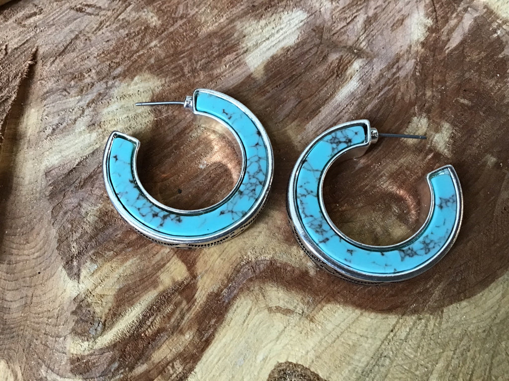 Turquoise Engraved Silver Hoop Earrings