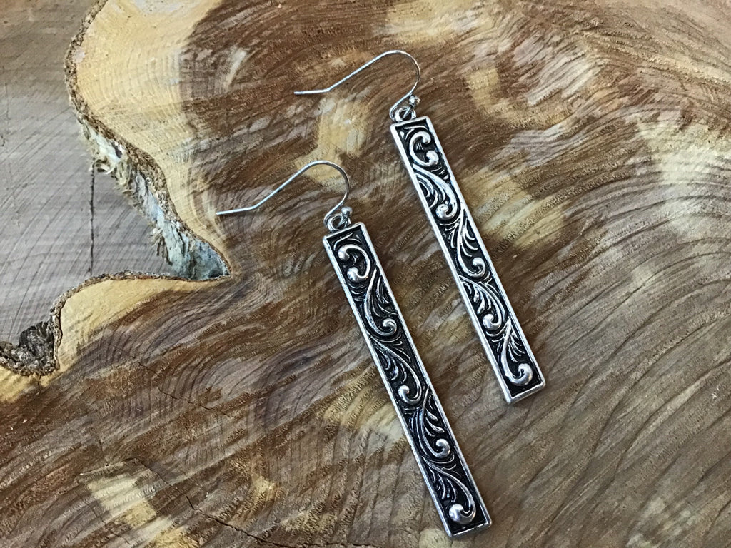 Silver Engraved Rectangle Bar Earrings