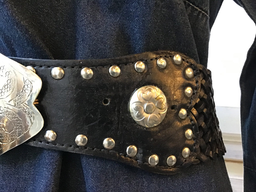 Silver Buckle Studded Leather Belt
