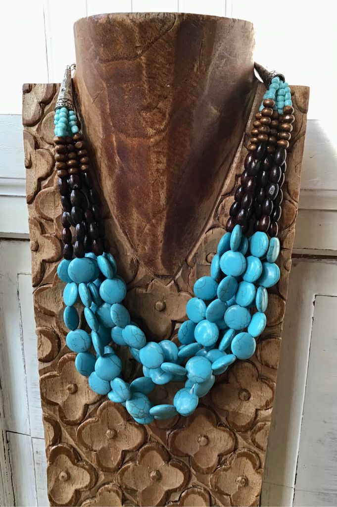 Turquoise & Wood 6 Strand Necklace