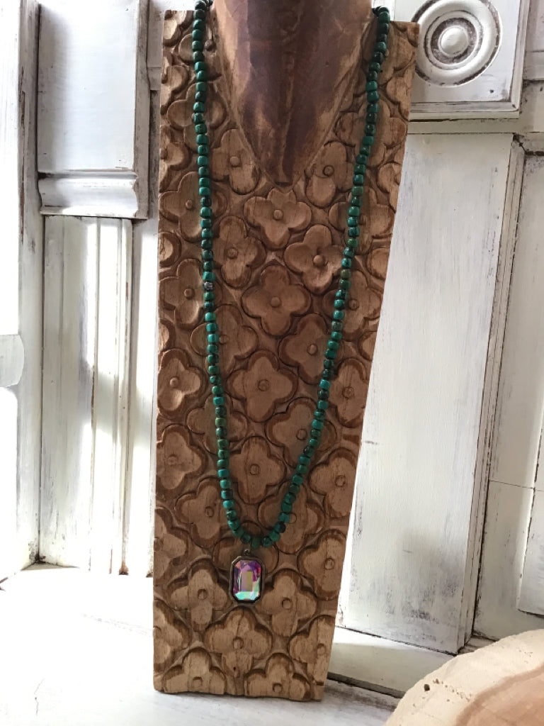 Green Turquoise Crystal Pendant 36" Necklace