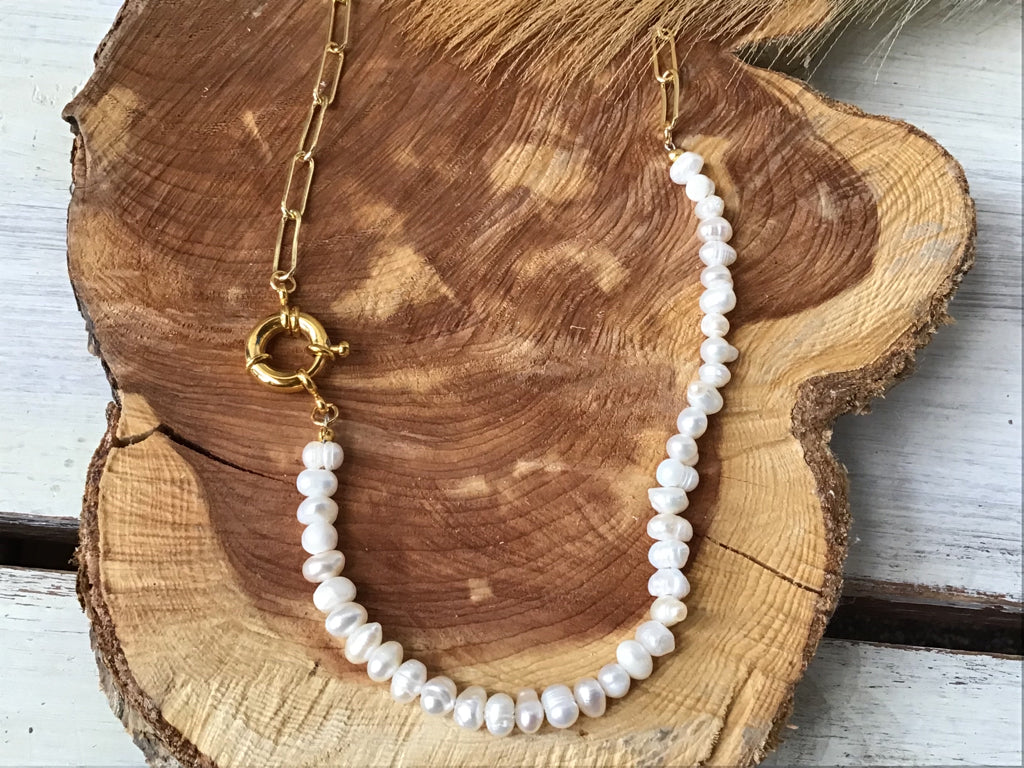 Handmade Freshwater Pearl & Gold Chain Layered Necklace