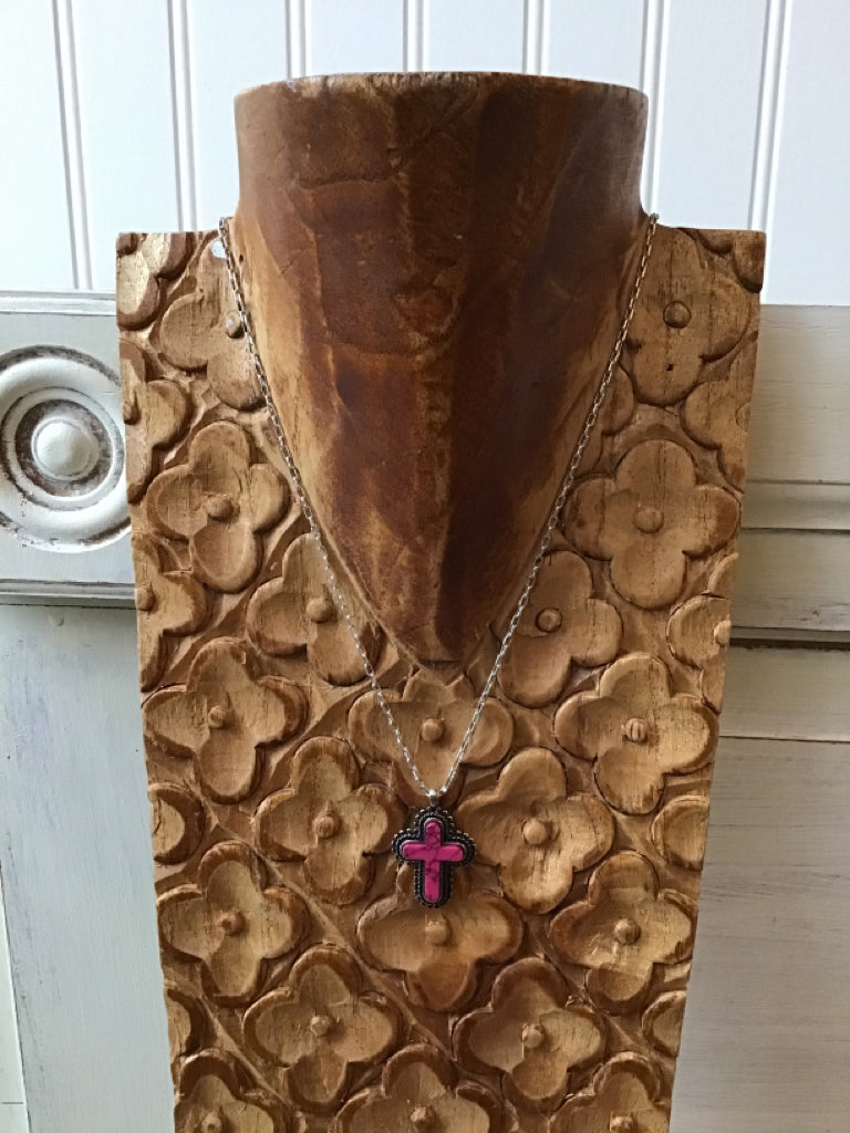 Pink Stone Cross Pendant Necklace