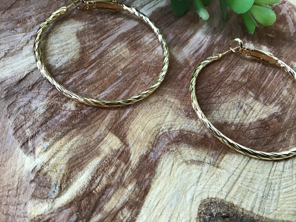 Gold 14K Gold Dipped Textured 1.5 Inch Metal Hoop Earrings