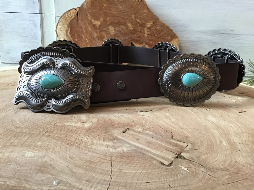 Silver and Turquoise Concho Leather  Belt