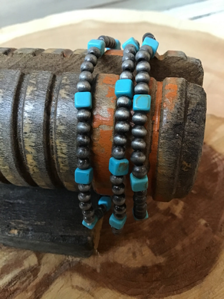 Turquoise & Silver 3 Strand Stretch Bracelet